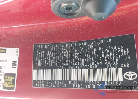 2020 Toyota Corolla Le from USA, damaged, VIN 5YFEPRAEXLP073676